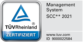 Ein Prüf- und Zertifikatslogo des TÜV Rheinland für ein Managementsystem nach dem Sicherheitsstandard SCC 2021 (Safety Certificate Contractors). Links ist das blau-weiße TÜV Rheinland-Signet mit dem Schriftzug „ZERTIFIZIERT“ abgebildet, rechts stehen die Zertifizierungsangaben sowie der Weblink „www.tuv.com“ und die Prüf-ID 9000022584.