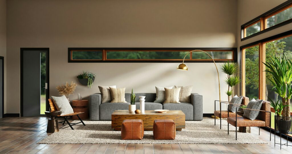 Ein geräumiges, modernes Wohnzimmer mit hoher Decke, Parkettboden und einem großen beigen Teppich. Im Zentrum steht ein graues Sofa mit Kissen vor einem niedrigen Holztisch und zwei braunen Lederhockern, ergänzt durch zwei Ledersessel rechts und einen schmalen Holzstuhl links. Über dem Sofa verläuft ein schmales horizontales Fensterband, daneben sorgt eine geschwungene goldene Bogenlampe für Licht, während hohe Zimmerpflanzen und große Fensterfronten rechts den Raum öffnen.